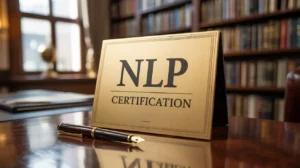 NLP Certification sign on a desk with a fountain pen, suggesting the value of an NLP Certification.