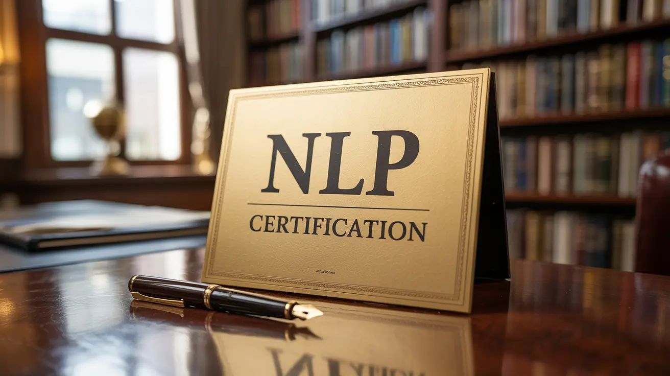 NLP Certification sign on a desk with a fountain pen, suggesting the value of an NLP Certification.