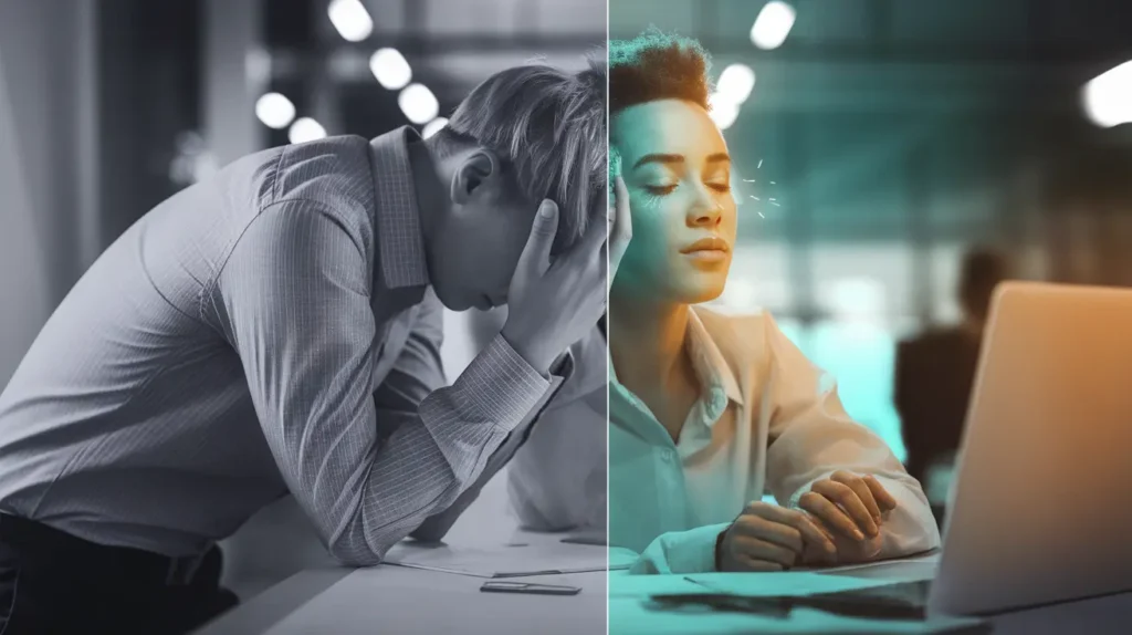 stressed man with hands on head (left) vs. calm woman at laptop (right), showcasing stress relief transformation in a workspace.