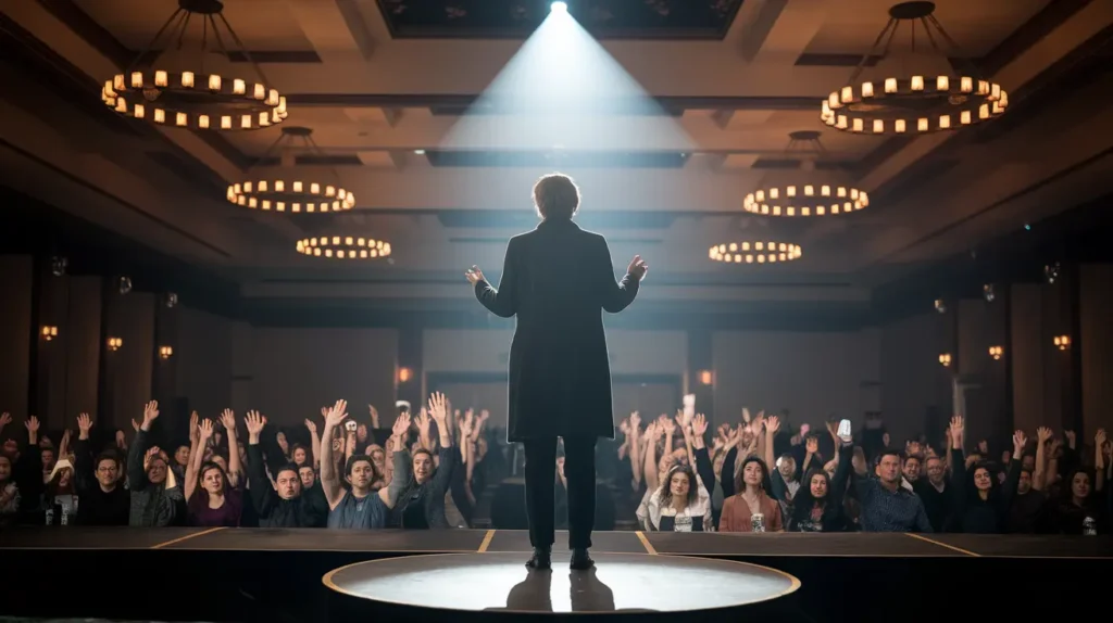 Speaker on stage with arms raised under spotlight, engaging a cheering crowd, mastering public speaking with confidence in a grand venue.