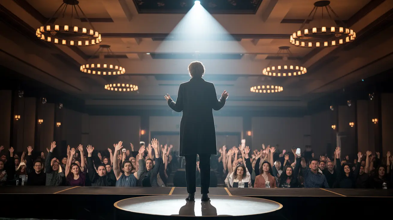 Speaker on stage with arms raised under spotlight, engaging a cheering crowd, mastering public speaking with confidence in a grand venue.