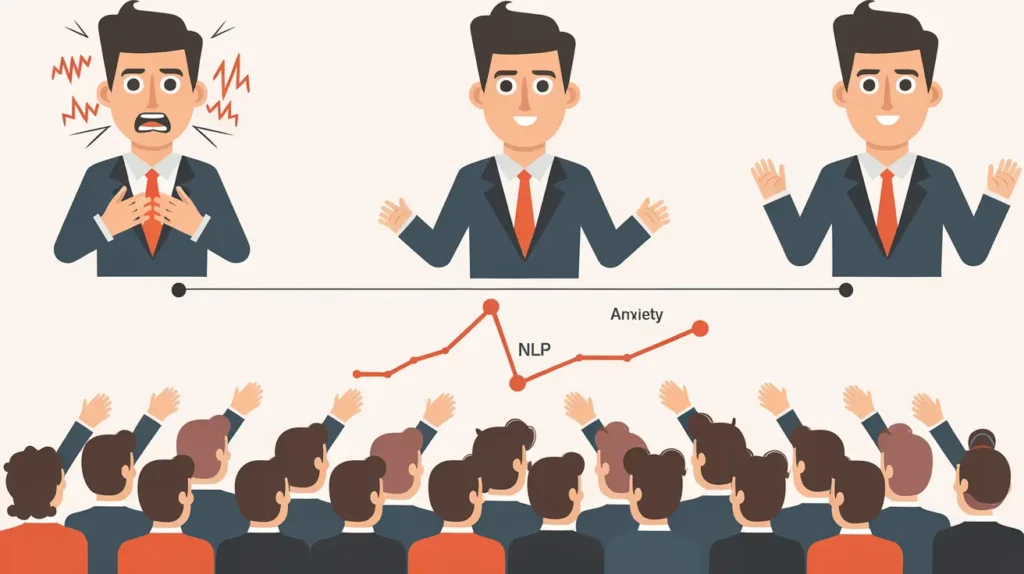 Cartoon of a man transitioning from anxiety to confidence with NLP, speaking to a cheering audience, showing a rising graph of success.