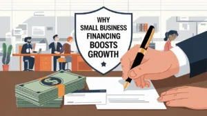 Illustration showing a hand signing a loan document with cash nearby, highlighting Small Business Financing for growth.