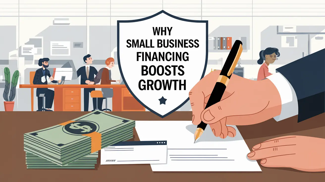 Illustration showing a hand signing a loan document with cash nearby, highlighting Small Business Financing for growth.