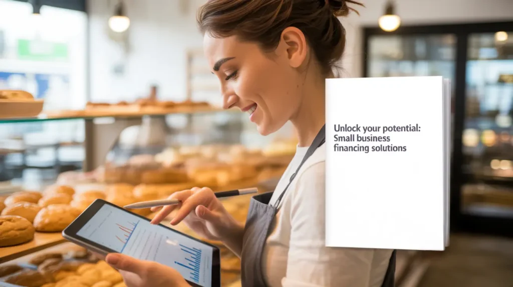 Smiling bakery owner reviewing growth charts on a tablet, with text on small business financing.