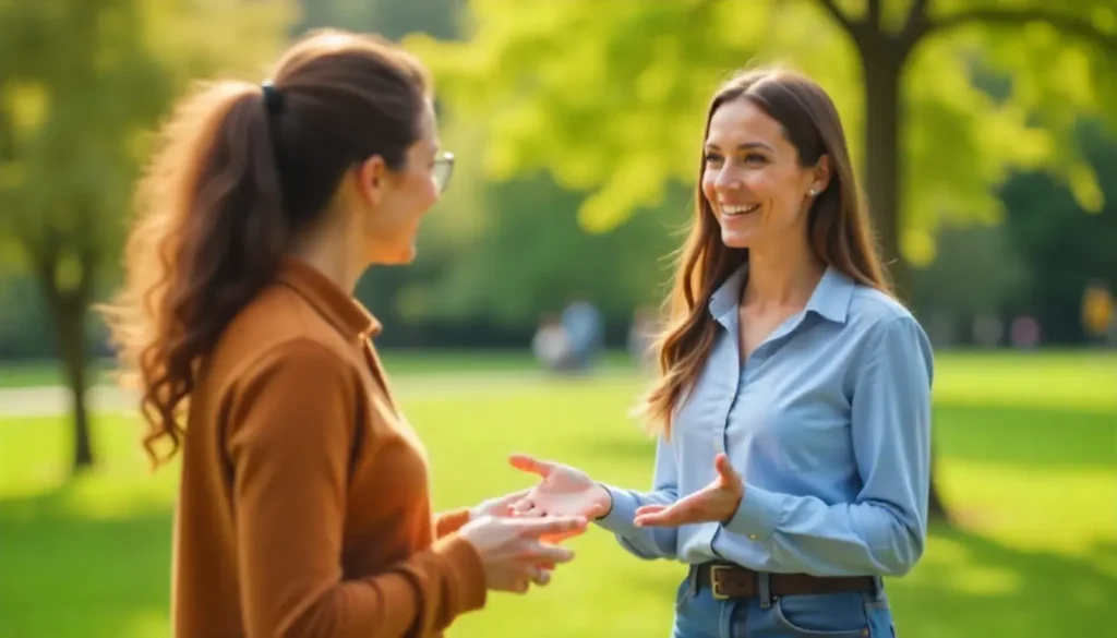 Two women engaged in a friendly outdoor conversation in a park, smiling and discussing personal growth goals.
