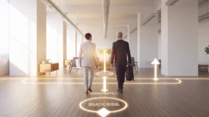 Two business professionals walking toward growth and success path, symbolizing focus and Success Timelines in coaching.