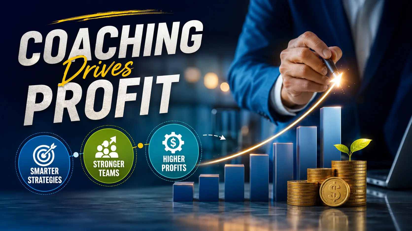 Business coaching profitability infographic showing rising revenue, smarter strategies, stronger teams, and higher profits with an upward growth chart, financial success symbols, and business leadership concepts.