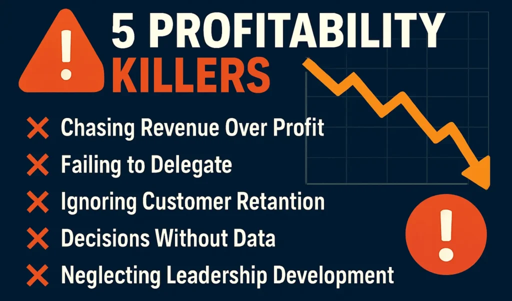 Infographic highlighting five profitability killers in business, including chasing revenue over profit, poor delegation, weak customer retention, data-free decisions, and neglected leadership development.