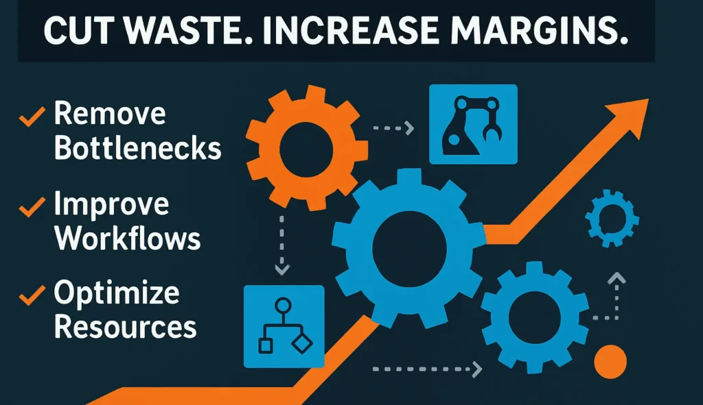 Operational efficiency infographic showing how removing bottlenecks, improving workflows, and optimizing resources help reduce waste, increase profit margins, and support business growth.
