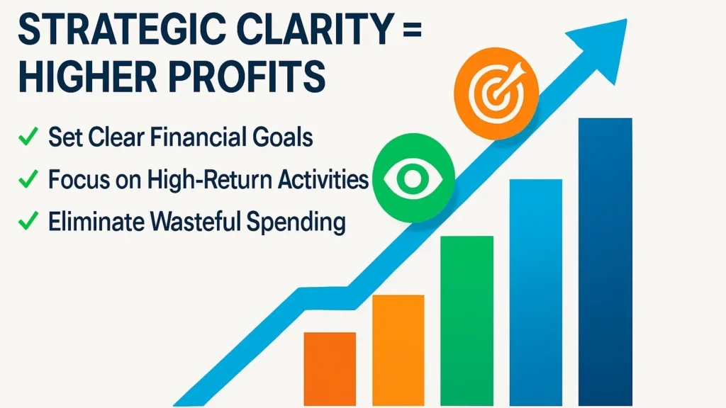 Strategic clarity infographic showing clear financial goals, focus on high-return activities, and reduced wasteful spending leading to higher profits and sustainable business growth.