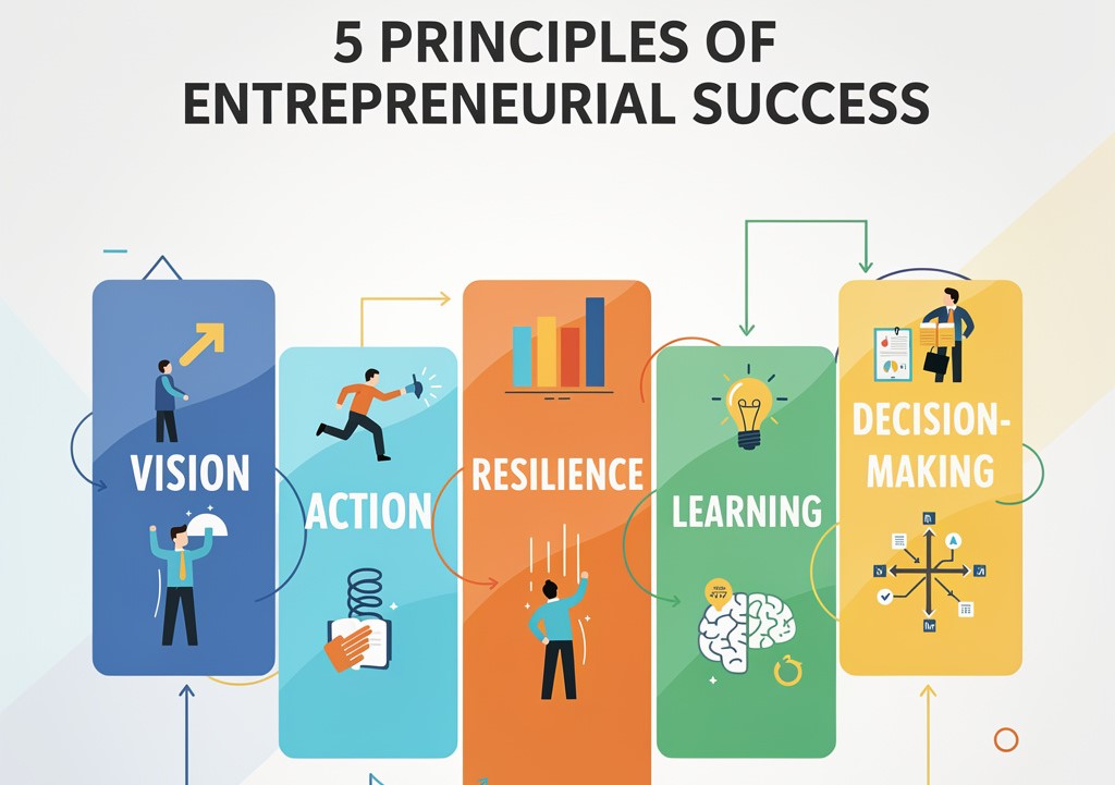 Infographic for entrepreneurs highlighting vision, action, resilience, learning, decision-making.