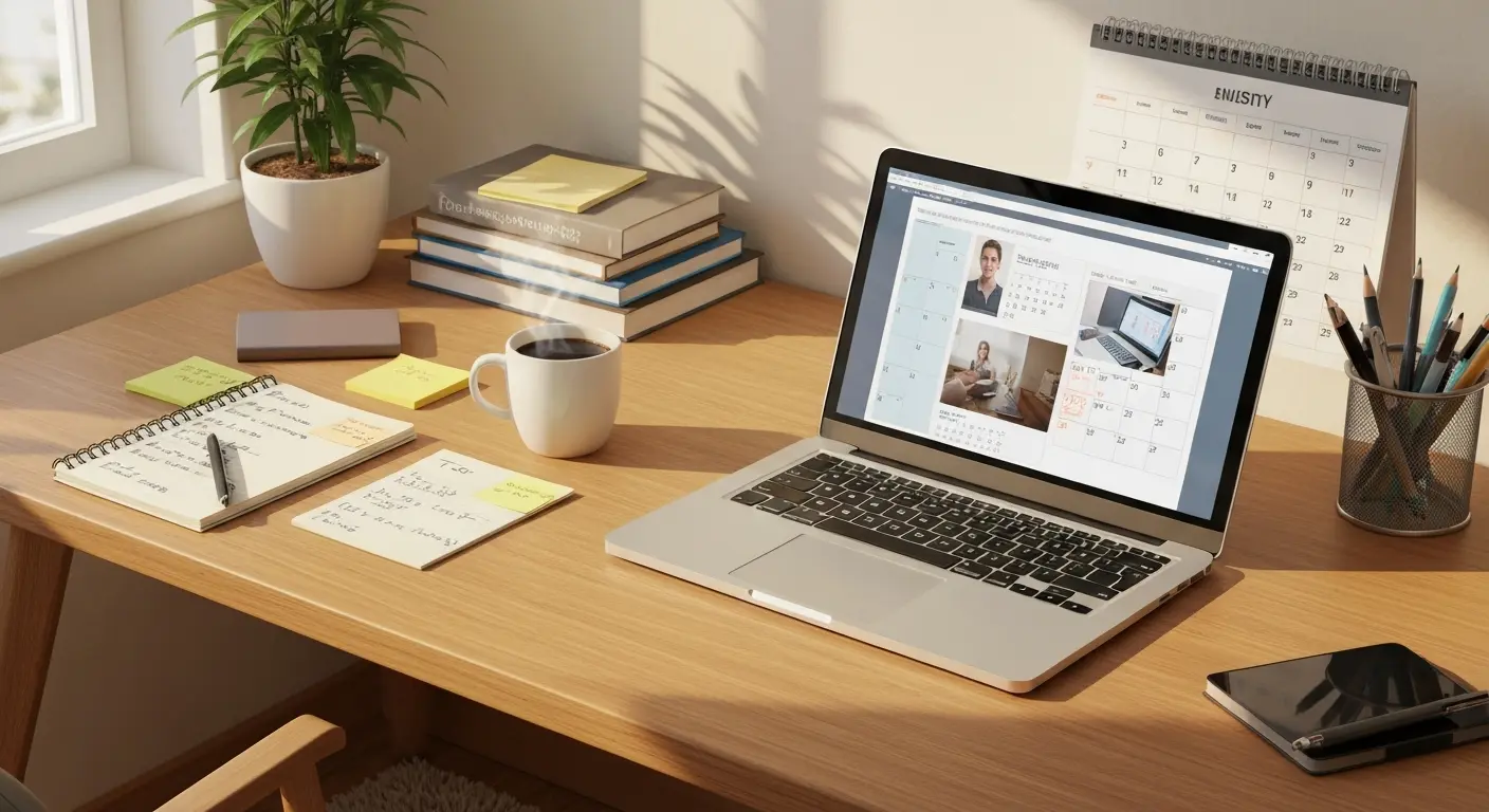 A clean, organized desk with a laptop displaying a calendar and planning tools, symbolizing the use of Best Business Automation Tools for organization.