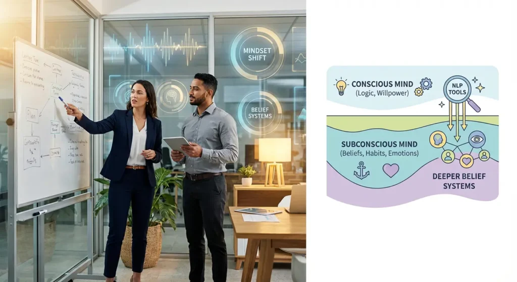 Infographic showing how NLP coaching works at subconscious levels to create deeper change.