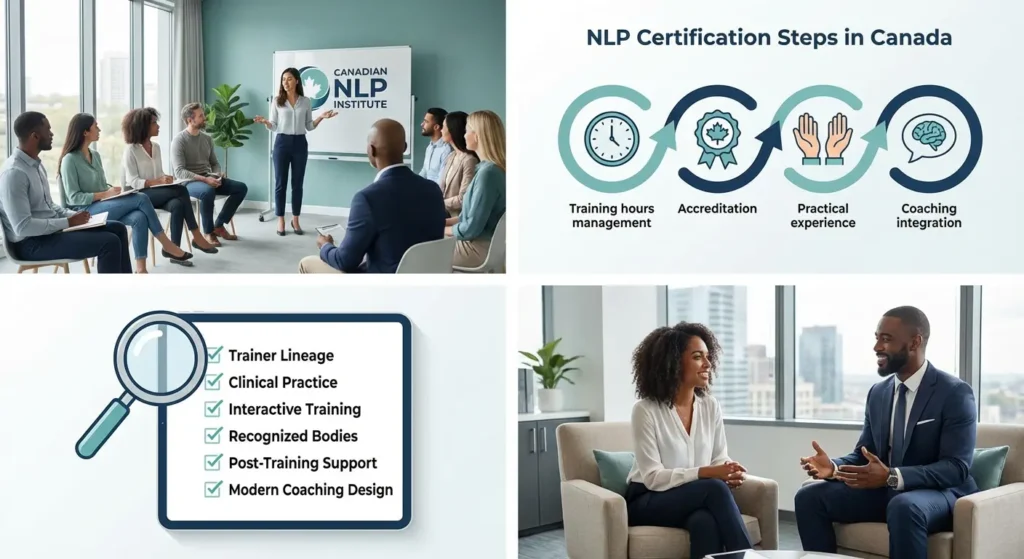 NLP practitioner coaching a client in a professional Canadian office setting