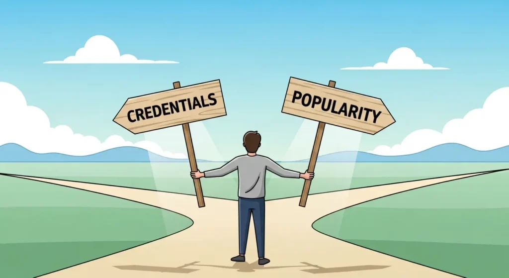 Man standing at crossroads holding signs labeled "Credentials" and "Popularity" symbolizing choice.