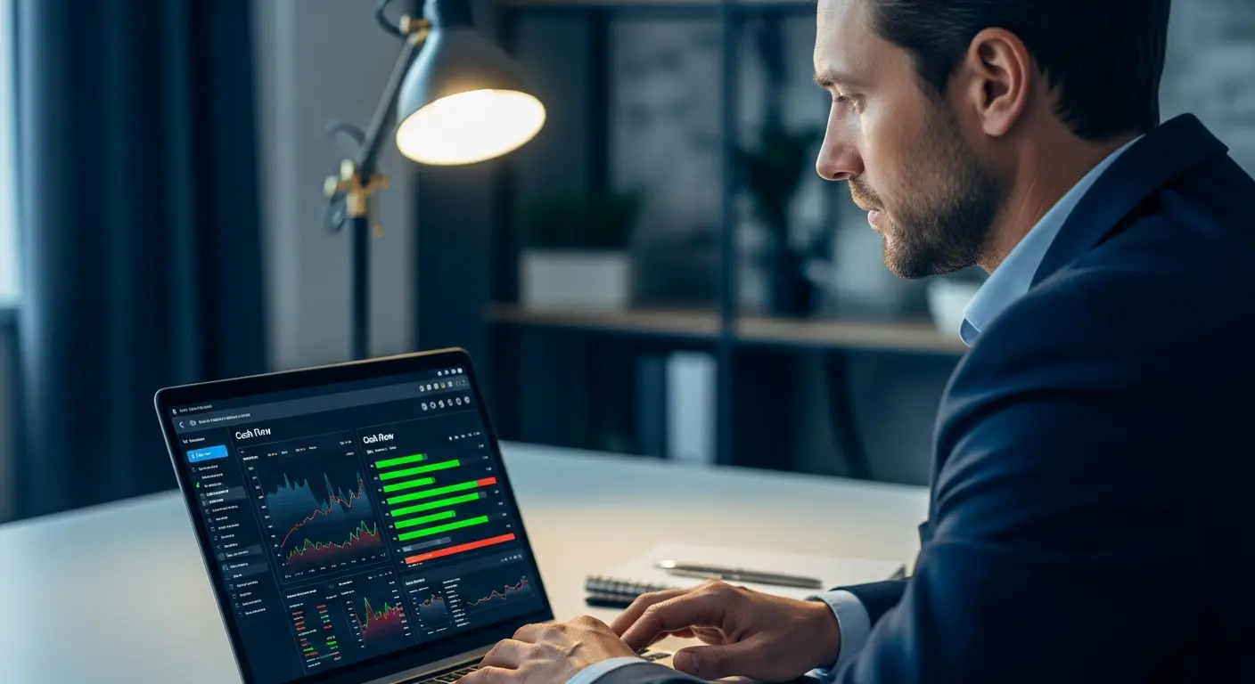 Business professional analyzing cash flow charts on a laptop to plan strategic reinvestment decisions.