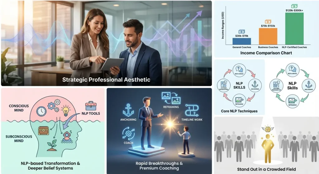 Illustration of NLP-certified coach standing out in a crowded business coaching market