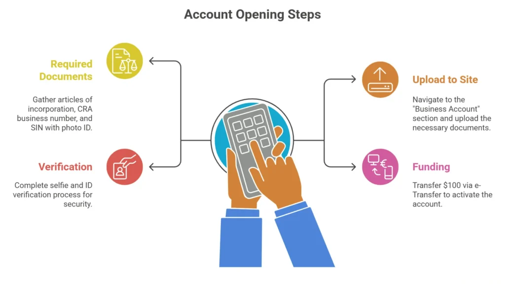 Flowchart titled Account Opening Steps detailing four required stages: Required Documents, Verification, Upload to Site, and Funding