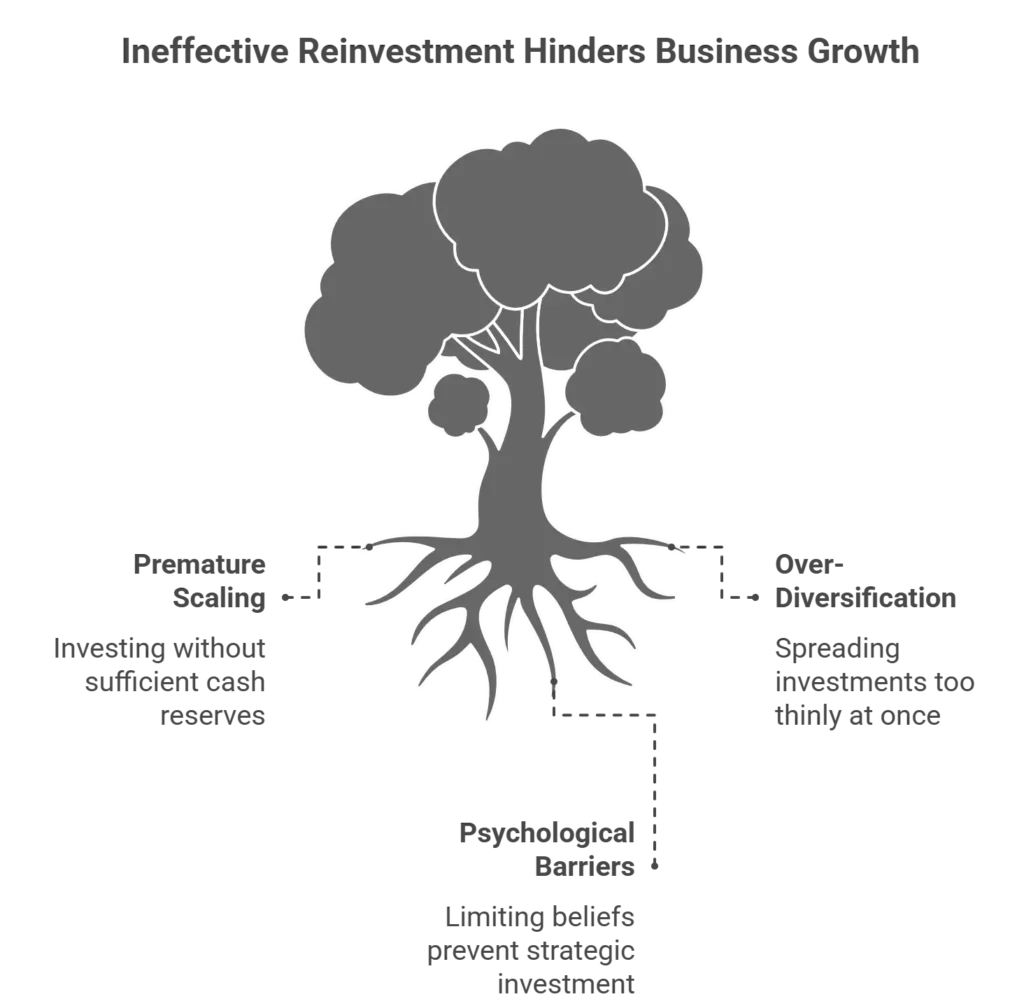 Tree diagram showing how ineffective reinvestment practices weaken business growth and long-term stability.