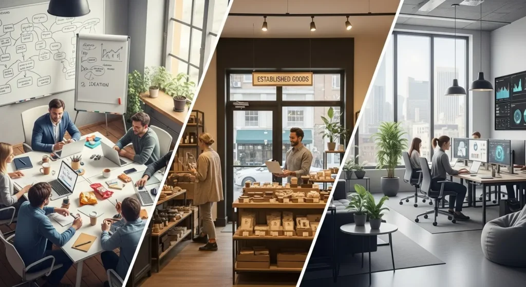 Collage showing business team meeting, retail store management, and office analysis for reinvestment.