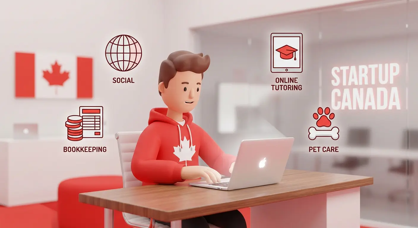 Low-cost business ideas in Canada shown through modern digital business icons