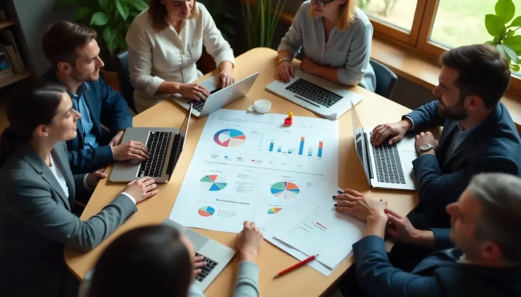 Team of professionals reviewing charts and data around a table during a strategic business meeting.