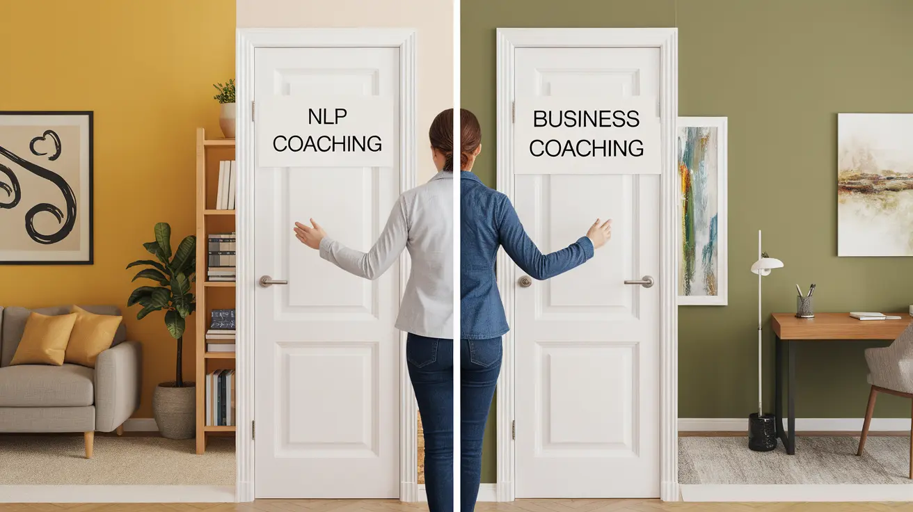Person choosing between two doors labeled NLP Coaching and Business Coaching, symbolizing decision-making.