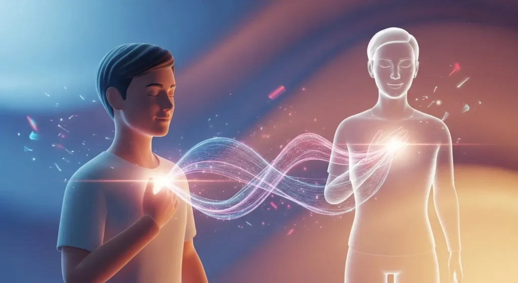 3D illustration of two human figures sharing glowing heart energy symbolizing empathy and connection.
