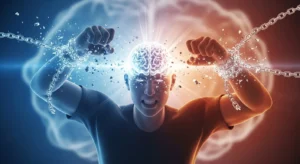 Person breaking mental chains with glowing brain symbolizing freedom through Mindset Training power