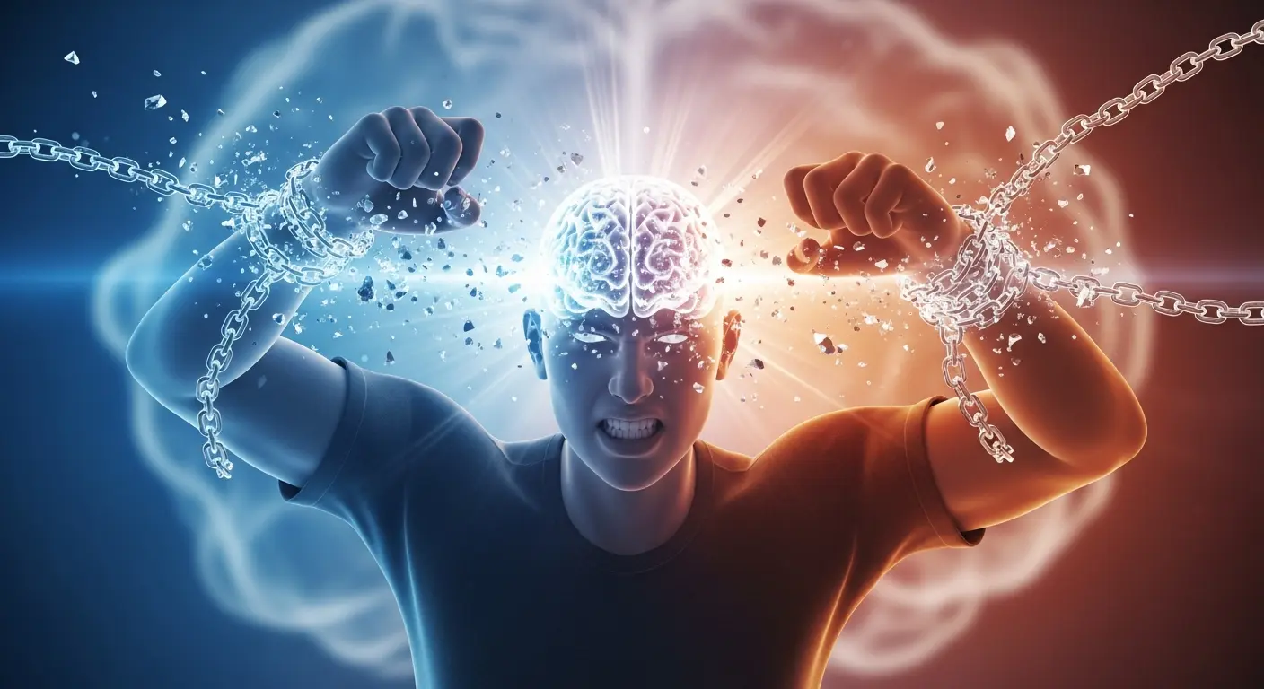 Person breaking mental chains with glowing brain symbolizing freedom through Mindset Training power