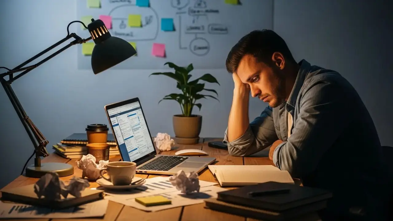 A man sits frustrated at a desk late at night, surrounded by crumpled paper, a coffee cup, and a laptop, struggling with Personal Development Habits.