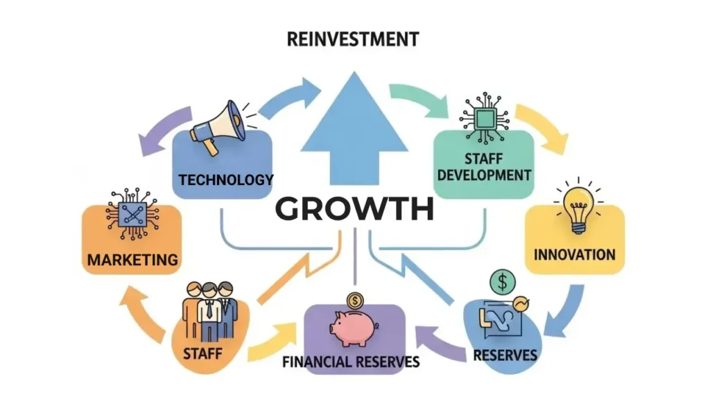 Business reinvestment cycle diagram showing growth through marketing, innovation, and staff development.