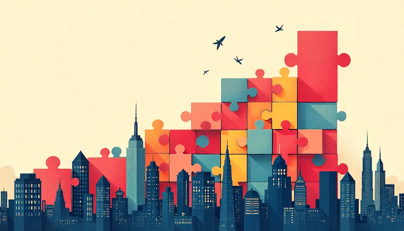 Colorful puzzle pieces rising above skyline illustrating strategic smart growth and hub reinvestment