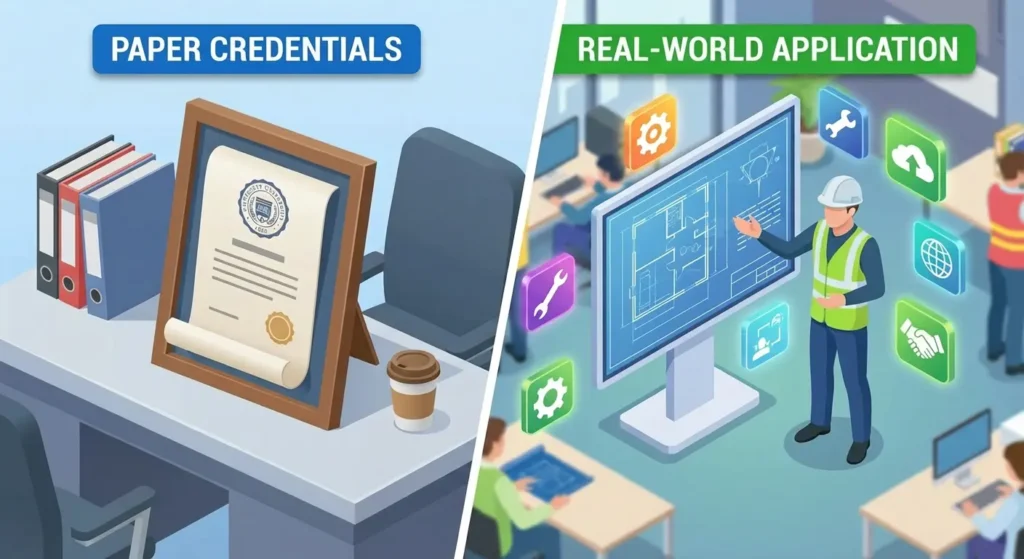 3D illustration of certification vs competence in NLP training
