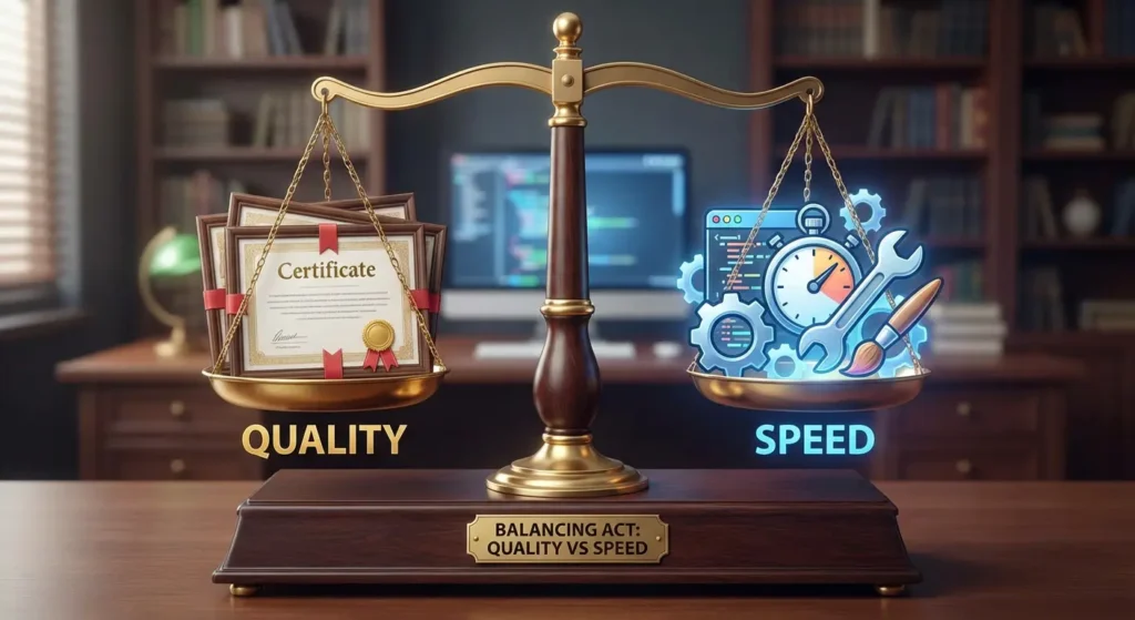 3D illustration comparing fast vs quality NLP certification