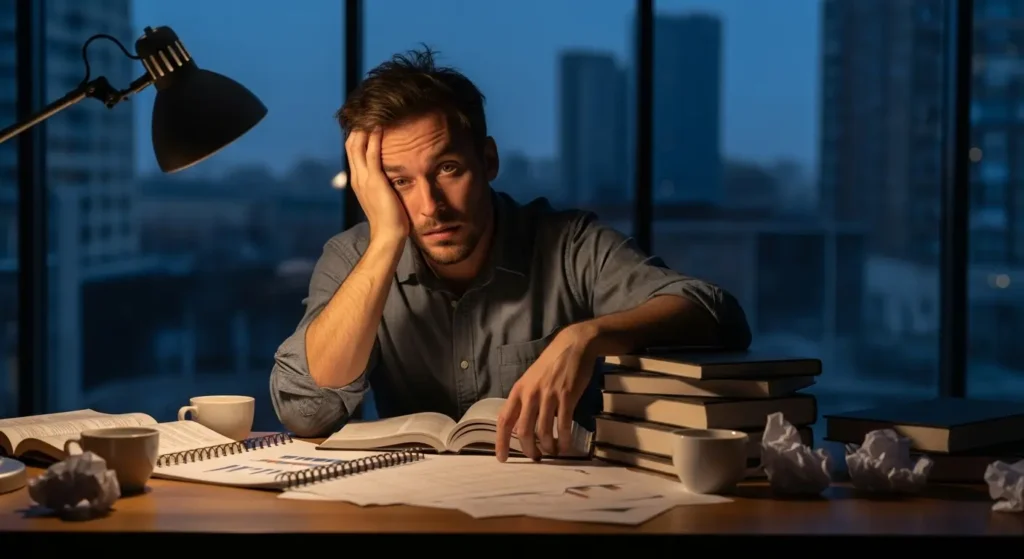 Stressed Entrepreneur working late at a cluttered desk surrounded by books and papers in a dim office.