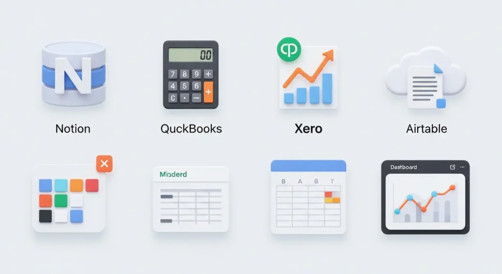 Icons of Notion, QuickBooks, Xero, Airtable, and tools like calendar, spreadsheet, and dashboard.