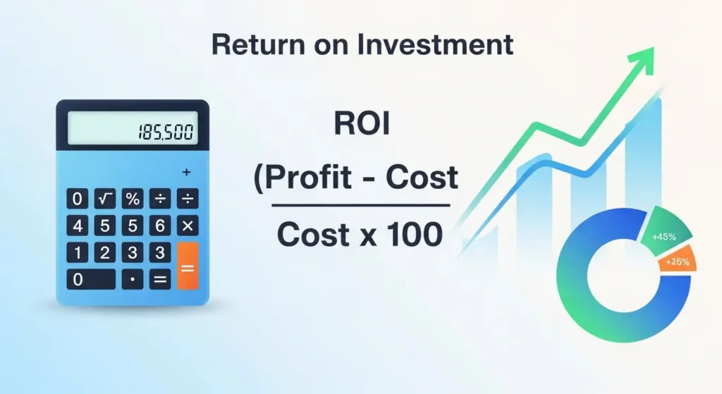 Calculator showing 185,500 with ROI formula: (Profit - Cost) / Cost × 100, beside rising graph and pie chart.