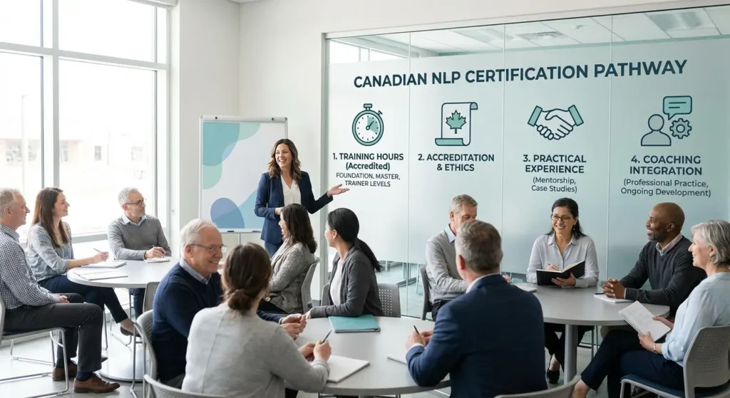 Infographic showing NLP certification steps and standards in Canada