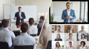 A split image showing the Differences Between in-person training (left) and a virtual coaching video call (right).