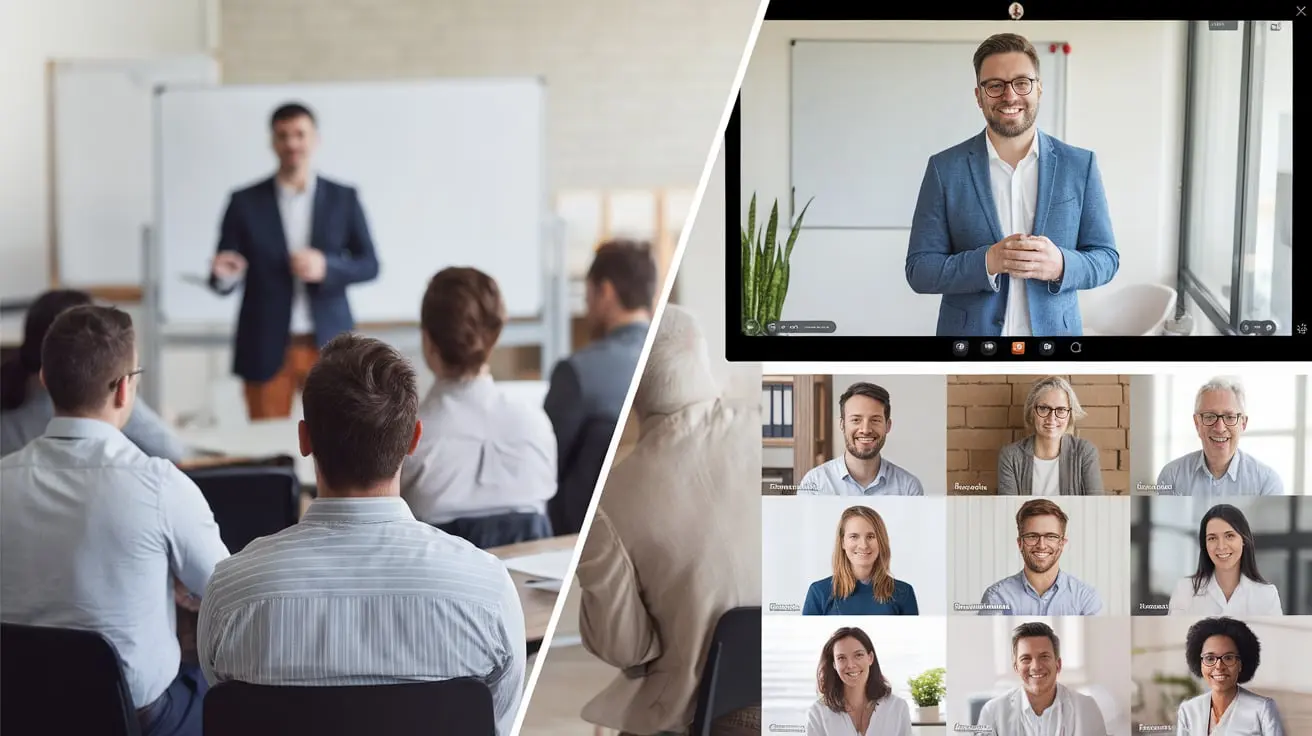 A split image showing the Differences Between in-person training (left) and a virtual coaching video call (right).