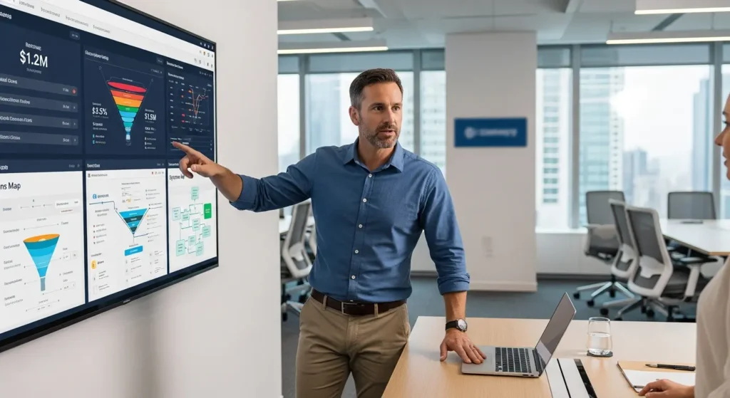 Business coach presenting data dashboards on a large screen during a strategy meeting in a modern office.