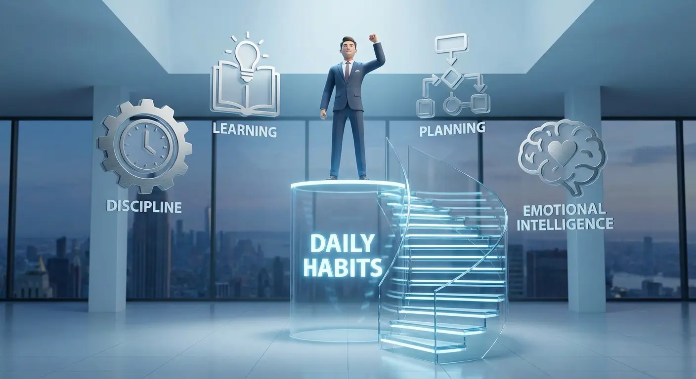 Daily habits that separate successful entrepreneurs from average ones illustrated in a 3D concept