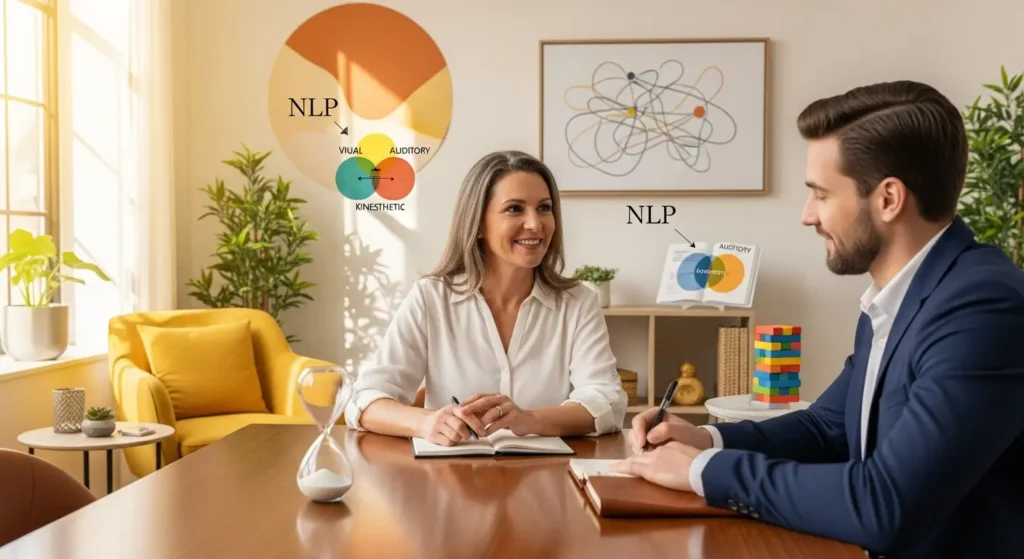 Entrepreneur coaching session with two people discussing NLP concepts in a bright modern office.