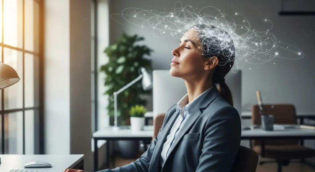 Businesswoman practicing NLP Coaching techniques with visualized neural connections around her head.