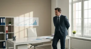 A frustrated man in a suit stands by his desk in a modern office looking at charts, representing Why Do Small Businesses Fail.