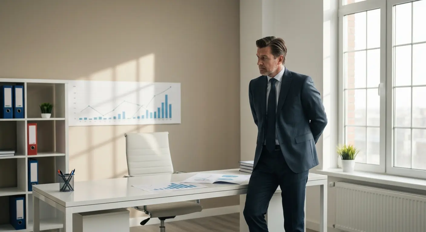 A frustrated man in a suit stands by his desk in a modern office looking at charts, representing Why Do Small Businesses Fail.