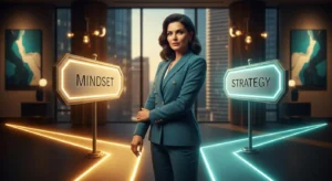 Entrepreneur standing between glowing mindset and strategy signs in modern office environment.