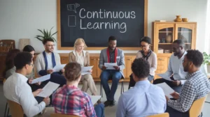 A diverse group sits in a circle, smiling and reviewing papers, beneath a chalkboard titled "Continuous Learning" in a coaching session.